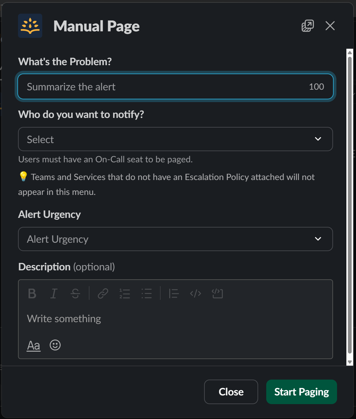 Rootly Page Dialog in Slack